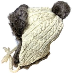 Cable Knit Aviator Trapper Hat Faux Fur Beige Brown Fleece Lining One Size